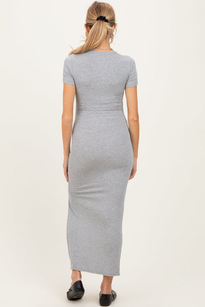 Heather Grey Short Sleeve High Slit Maternity Maxi Dress
