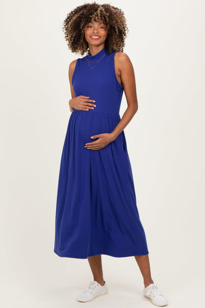 Royal Blue Ribbed Mock Neck Sleeveless Maternity Midi Dress
