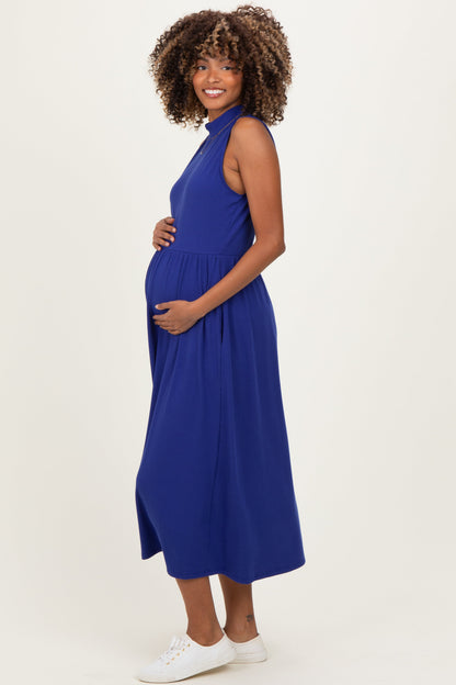 Royal Blue Ribbed Mock Neck Sleeveless Maternity Midi Dress
