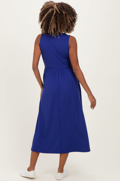 Royal Blue Ribbed Mock Neck Sleeveless Maternity Midi Dress