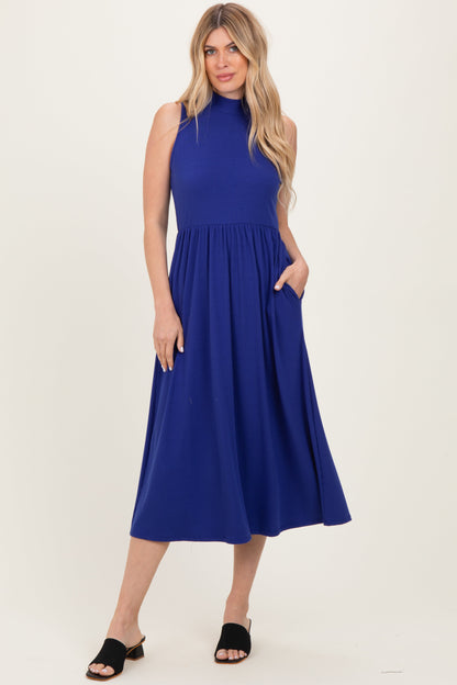 Royal Blue Ribbed Mock Neck Sleeveless Maternity Midi Dress