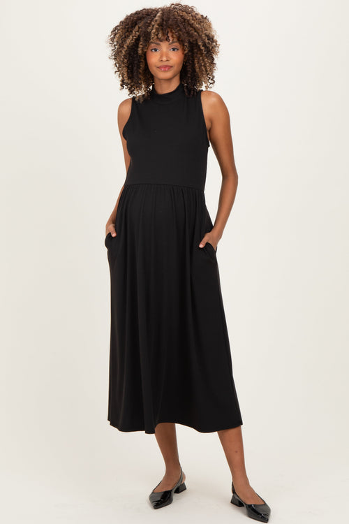 Black Ribbed Mock Neck Sleeveless Maternity Midi Dress
