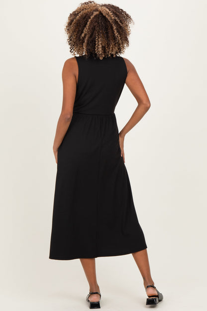 Black Ribbed Mock Neck Sleeveless Maternity Midi Dress