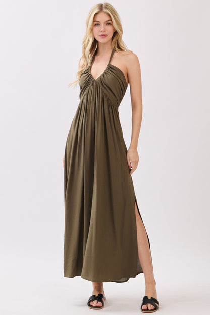 Olive Halter Neck Side Slit Maternity Midi Dress