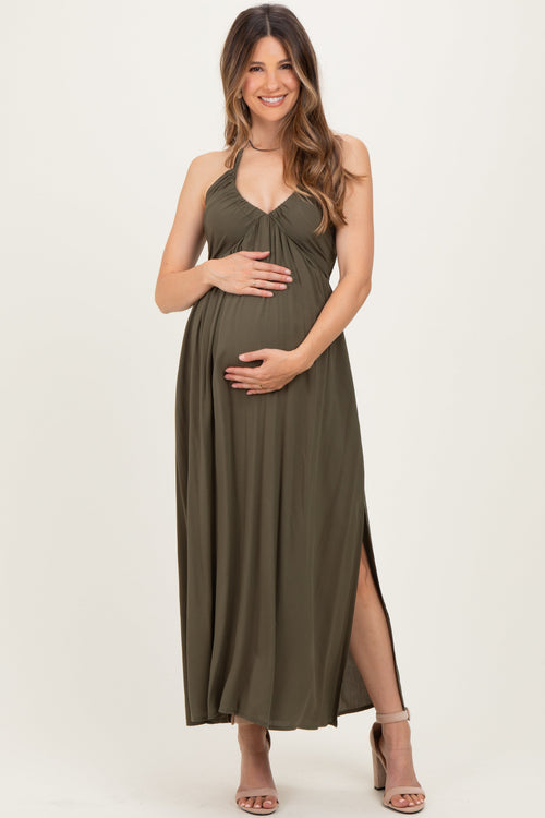 Olive Halter Neck Side Slit Maternity Midi Dress
