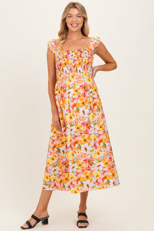 Pink Floral Smocked Sleeveless Maternity Maxi Dress