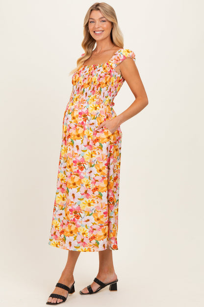 Pink Floral Smocked Sleeveless Maternity Maxi Dress