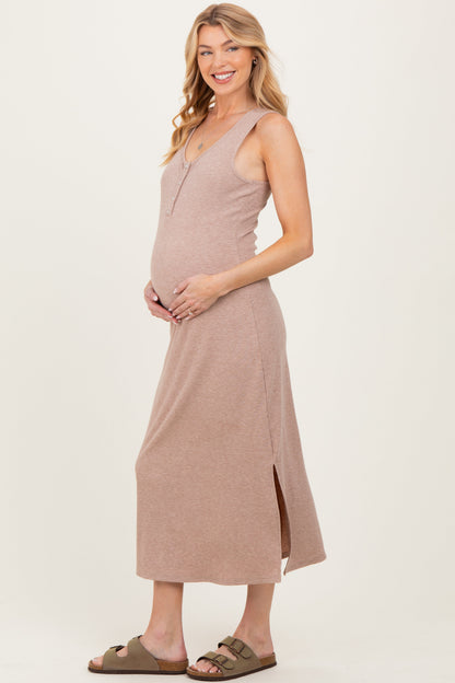 Light Tan Ribbed Knit Maternity Midi Tank Dress
