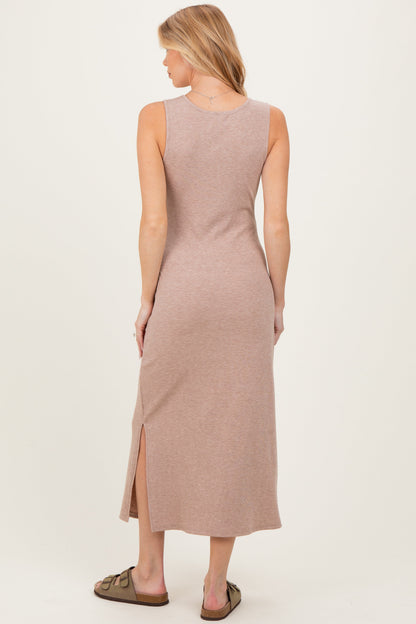 Light Tan Ribbed Knit Maternity Midi Tank Dress