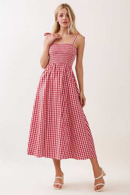 Red Gingham Smocked Shoulder Tie Maternity Midi Dress