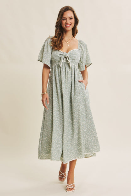 Sage Floral Tie Front Flutter Sleeve Maternity Midi Dress