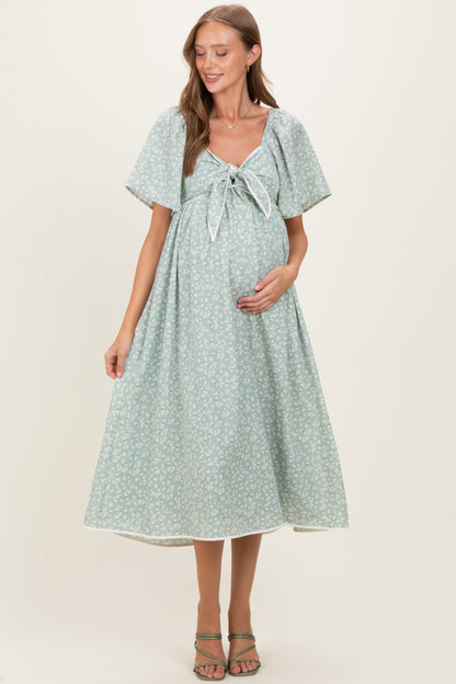 Sage Floral Tie Front Flutter Sleeve Maternity Midi Dress
