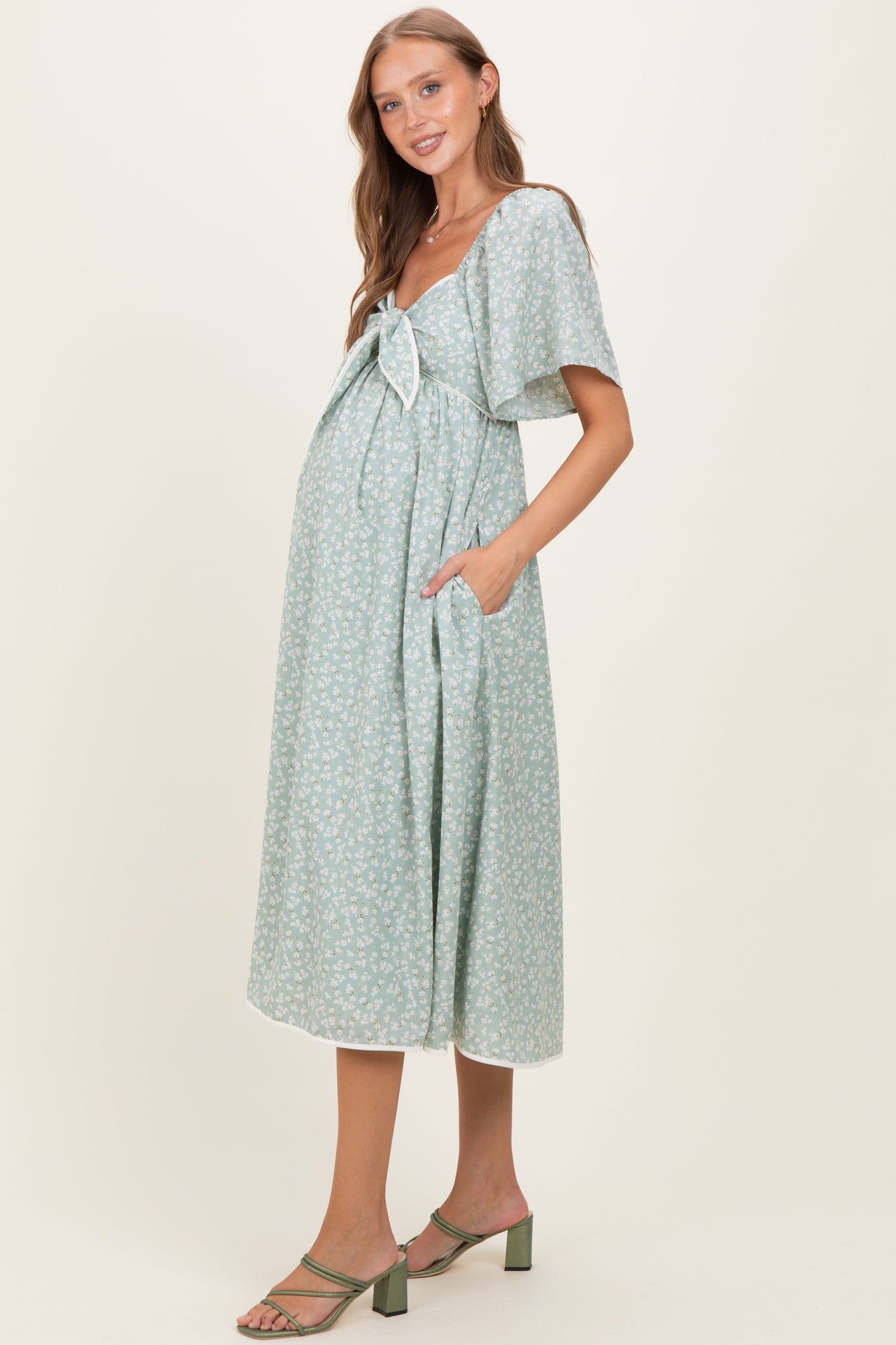 Sage Floral Tie Front Flutter Sleeve Maternity Midi Dress