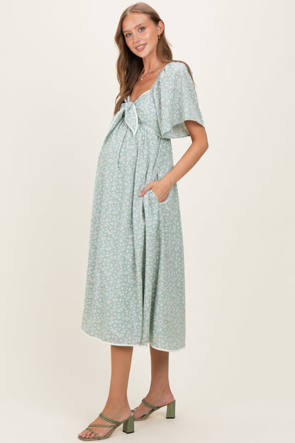 Sage Floral Tie Front Flutter Sleeve Maternity Midi Dress
