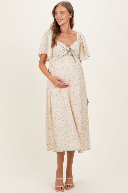 Butter Yellow Floral Tie Front Flutter Sleeve Maternity Midi Dress