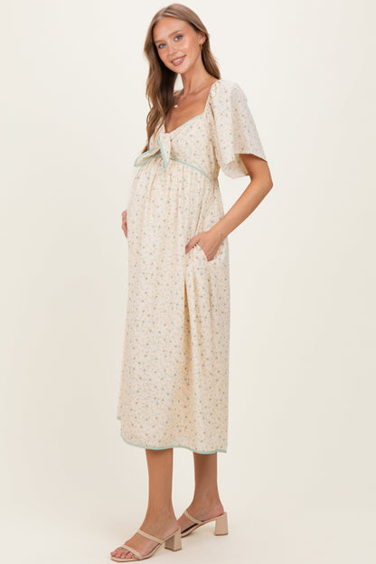 Butter Yellow Floral Tie Front Flutter Sleeve Maternity Midi Dress