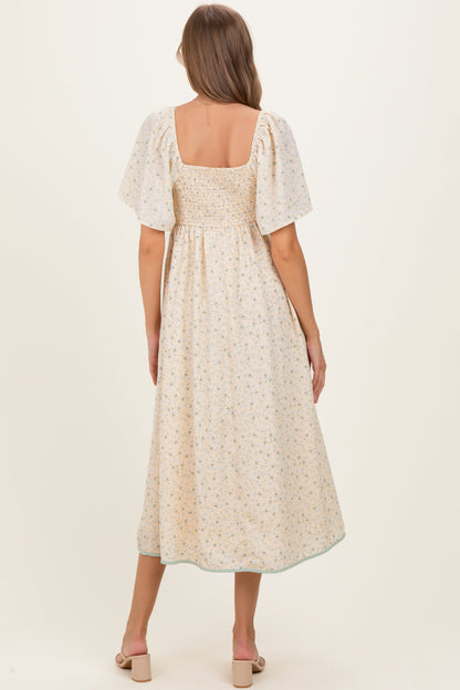Butter Yellow Floral Tie Front Flutter Sleeve Maternity Midi Dress