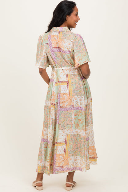 Multicolor Patchwork Print Button Down Maternity Maxi Dress