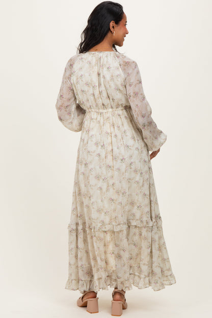 Cream Floral Chiffon Ruffle Detail Maternity Maxi Dress