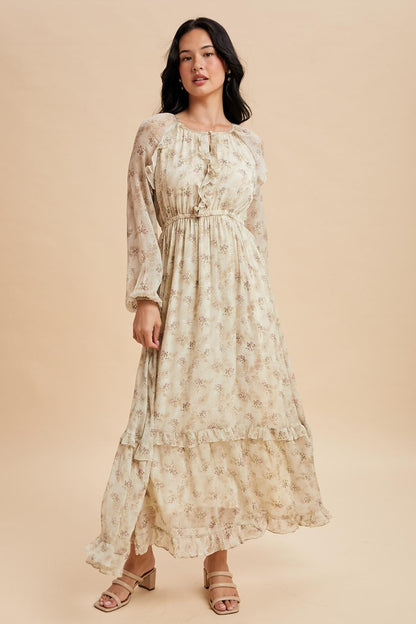 Cream Floral Chiffon Ruffle Detail Maternity Maxi Dress