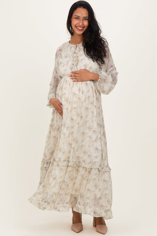 Cream Floral Chiffon Ruffle Detail Maternity Maxi Dress