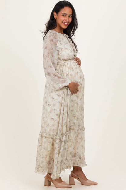Cream Floral Chiffon Ruffle Detail Maternity Maxi Dress