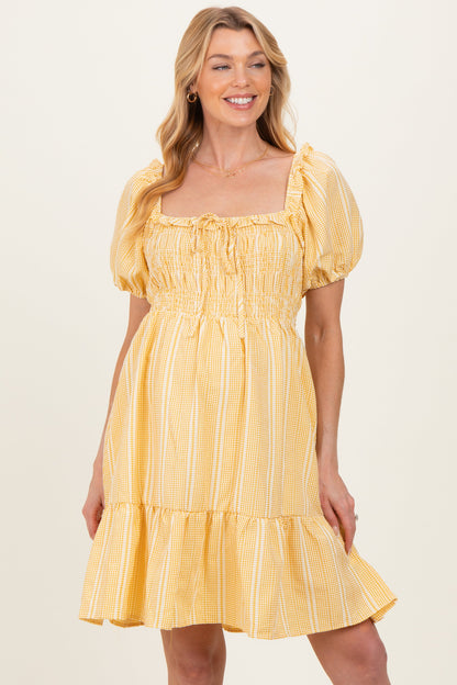 Yellow Gingham Smocked Ruffled Puff Sleeve Maternity Dress