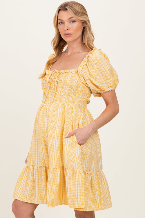 Yellow Gingham Smocked Ruffled Puff Sleeve Maternity Dress