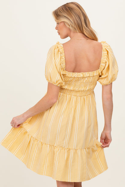Yellow Gingham Smocked Ruffled Puff Sleeve Maternity Dress