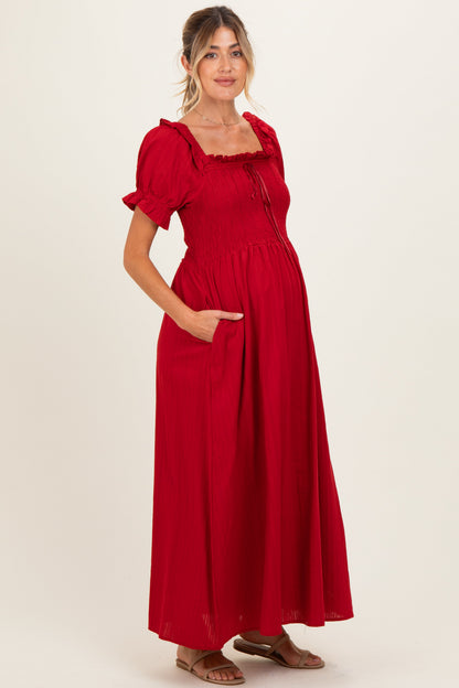 Red Smocked Ruffle Accent Ribbon Tie Maternity Maxi Dress