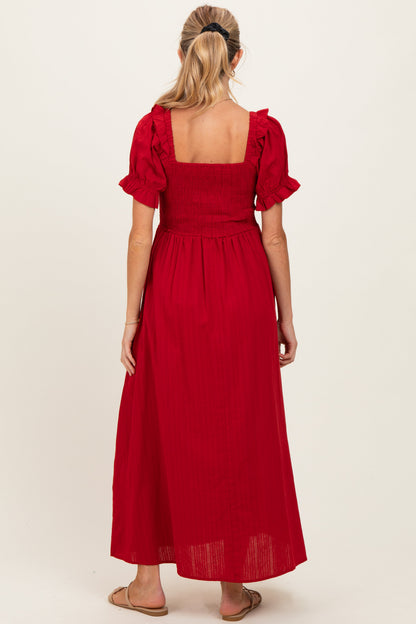 Red Smocked Ruffle Accent Ribbon Tie Maternity Maxi Dress