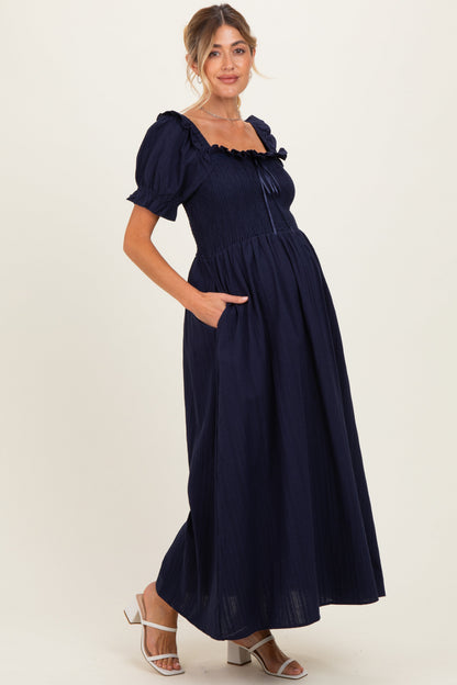 Navy Smocked Ruffle Accent Ribbon Tie Maternity Maxi Dress