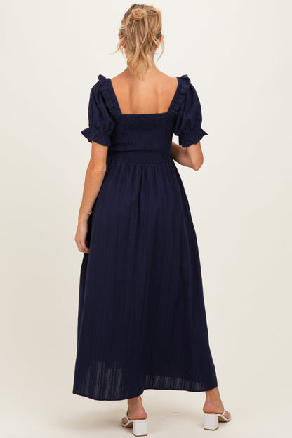 Navy Smocked Ruffle Accent Ribbon Tie Maternity Maxi Dress