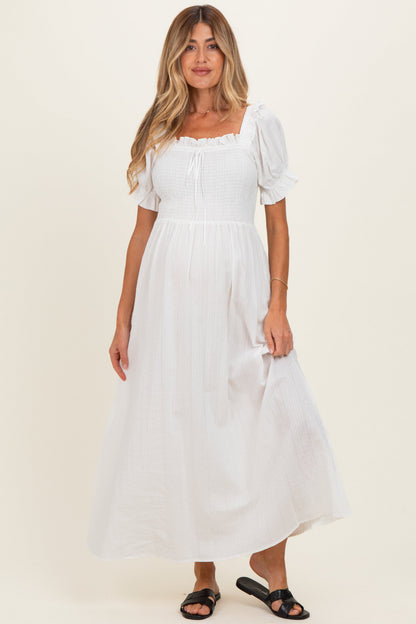 White Smocked Ruffle Accent Ribbon Tie Maternity Maxi Dress