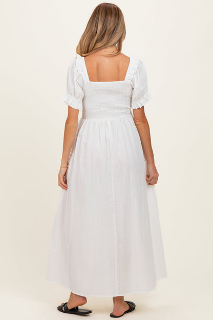 White Smocked Ruffle Accent Ribbon Tie Maternity Maxi Dress