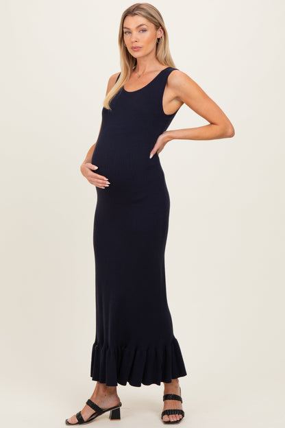 Navy Ribbed Knit Sleeveless Ruffle Hem Maternity Maxi Dress