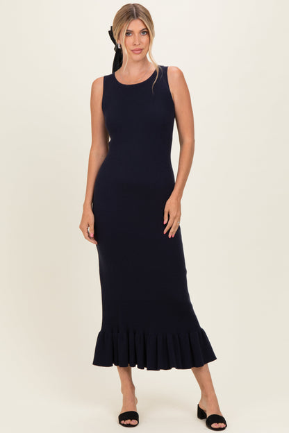 Navy Ribbed Knit Sleeveless Ruffle Hem Maternity Maxi Dress