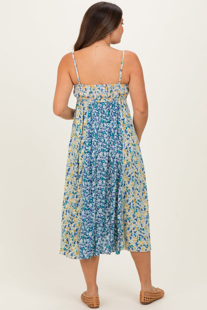 Blue Colorblock Floral Tie Front Maternity Midi Dress