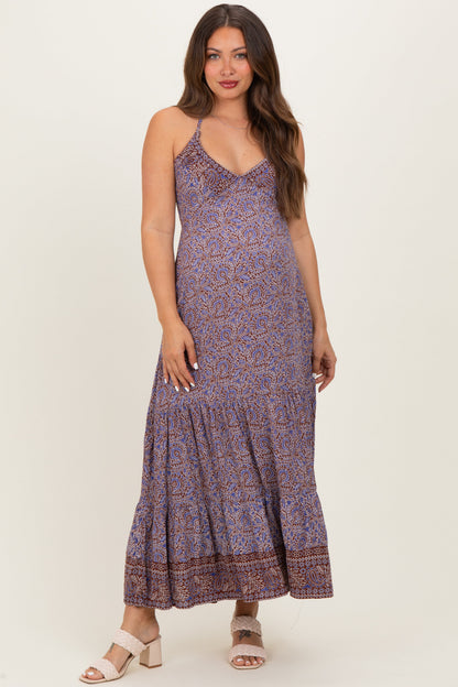 Brown Paisley Halter Maternity Maxi Dress