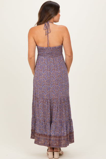 Brown Paisley Halter Maternity Maxi Dress