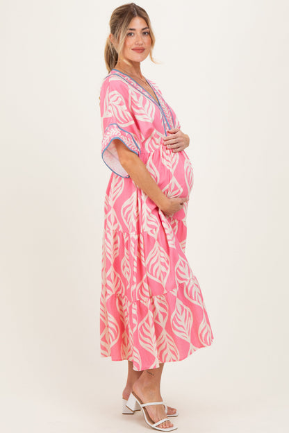 Pink Printed Dolman Sleeve Maternity Maxi Dress