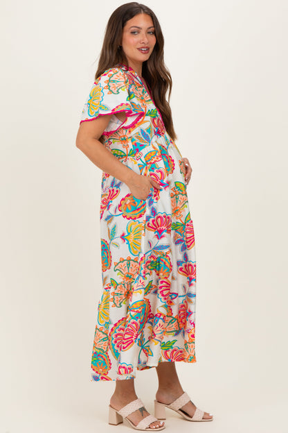 Cream Boho Print Lace Trim Tiered Maternity Midi Dress