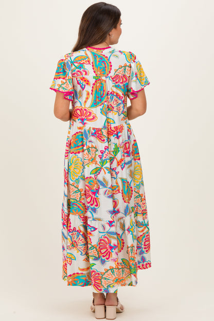 Cream Boho Print Lace Trim Tiered Maternity Midi Dress