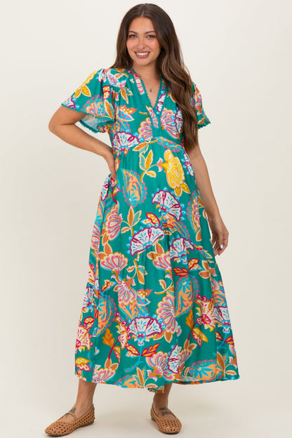 Emerald Boho Print Lace Trim Tiered Maternity Midi Dress