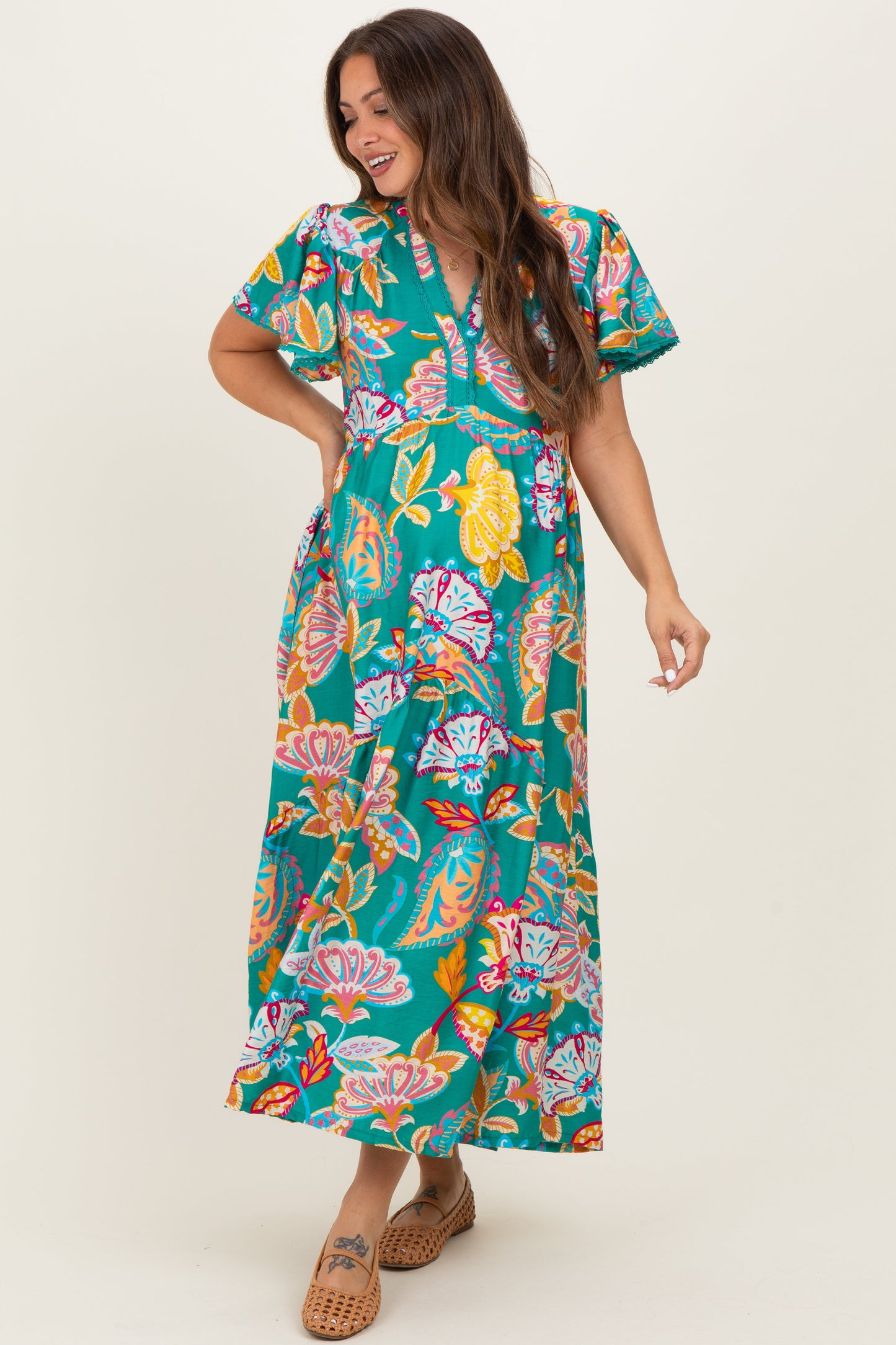 Emerald Boho Print Lace Trim Tiered Maternity Midi Dress
