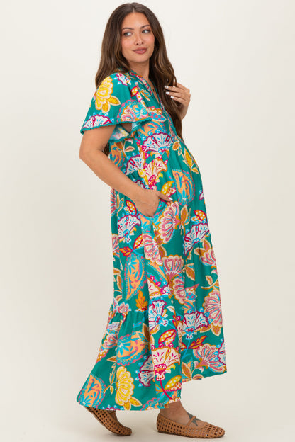 Emerald Boho Print Lace Trim Tiered Maternity Midi Dress