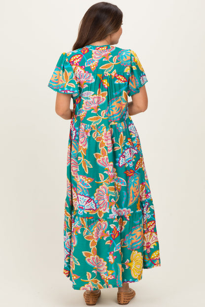 Emerald Boho Print Lace Trim Tiered Maternity Midi Dress