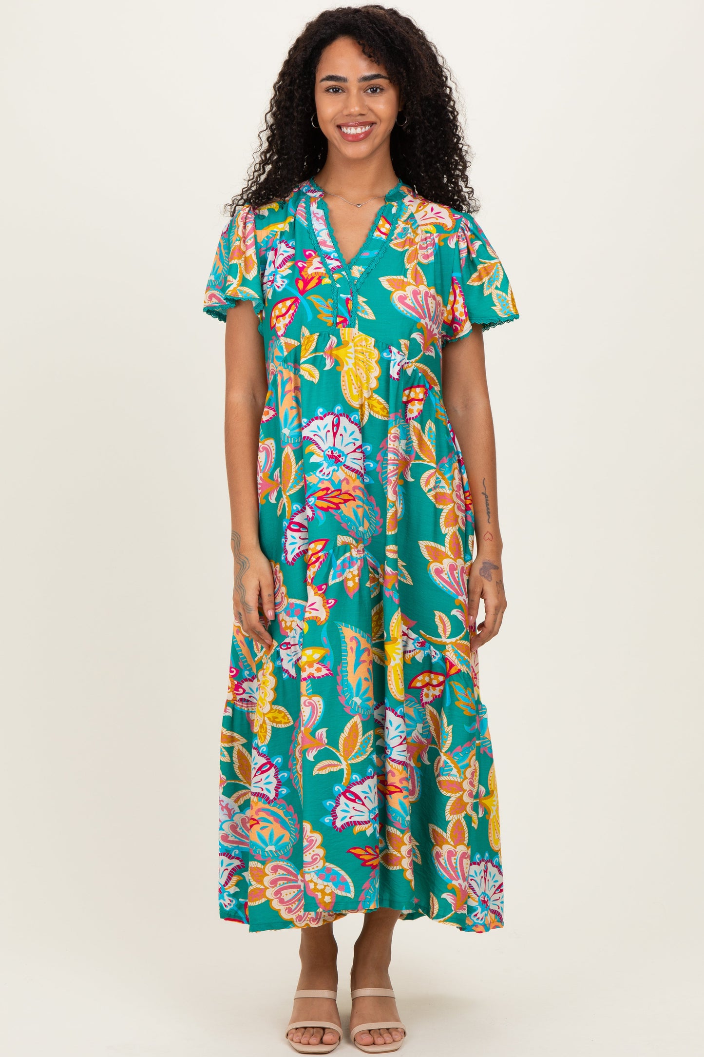 Emerald Boho Print Lace Trim Tiered Maternity Midi Dress