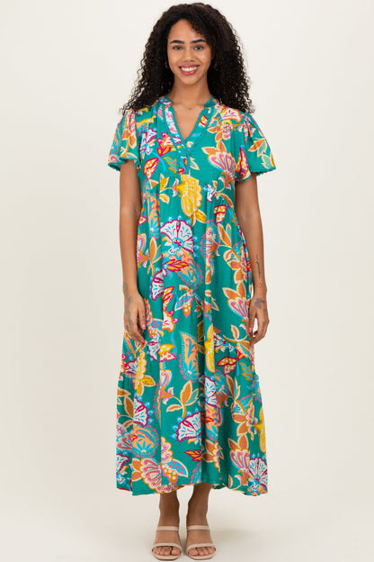 Emerald Boho Print Lace Trim Tiered Maternity Midi Dress