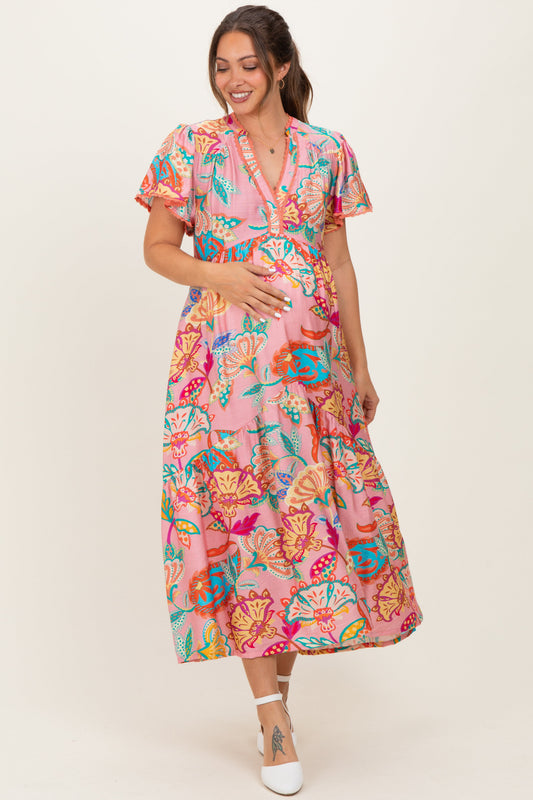 Pink Boho Print Lace Trim Tiered Maternity Midi Dress